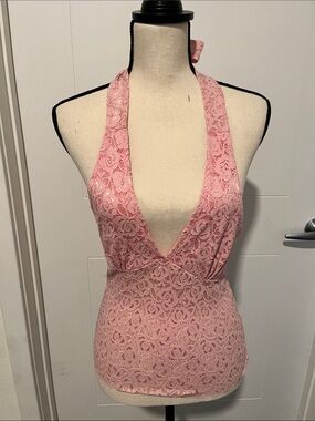 Y2K Wet Seal Pink Halter Lace Deep V Neck Top 2000’s